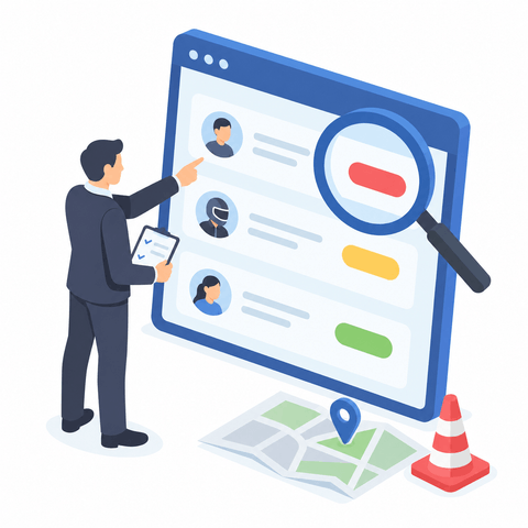 QA analyst examining a prioritized list with a magnifying glass and a focused site marker.