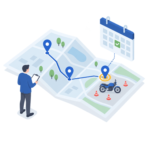 QA site visitor follows a planned route to a motorcycle training range with a checked calendar.
